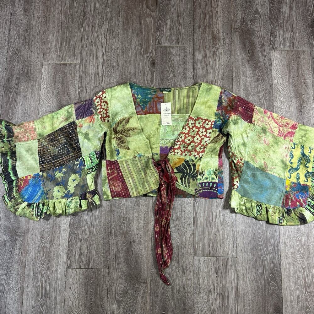 Kathmandu Imports Cropped Tie Front Flare Bell Sleeve Patchwork Shirt Boho Hippy